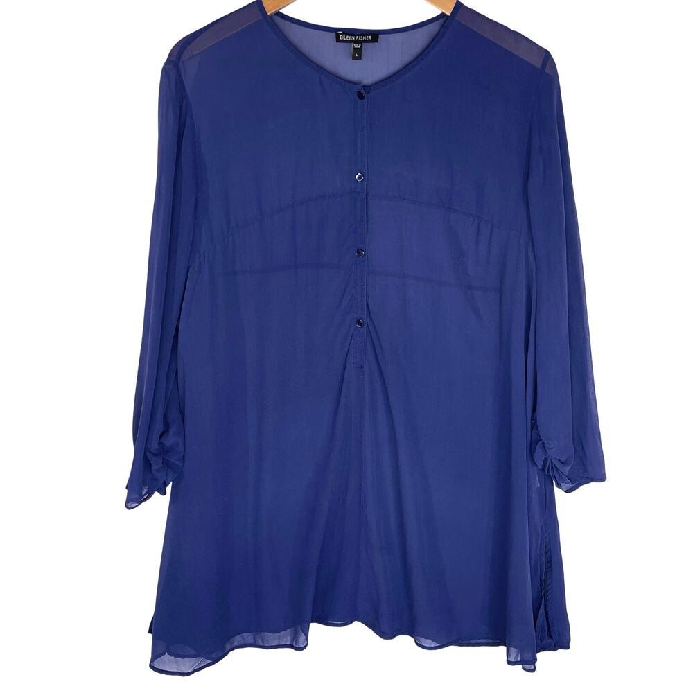 EILEEN FISHER Women’s Silk Pop over Henley Royal blue trapeze blouse